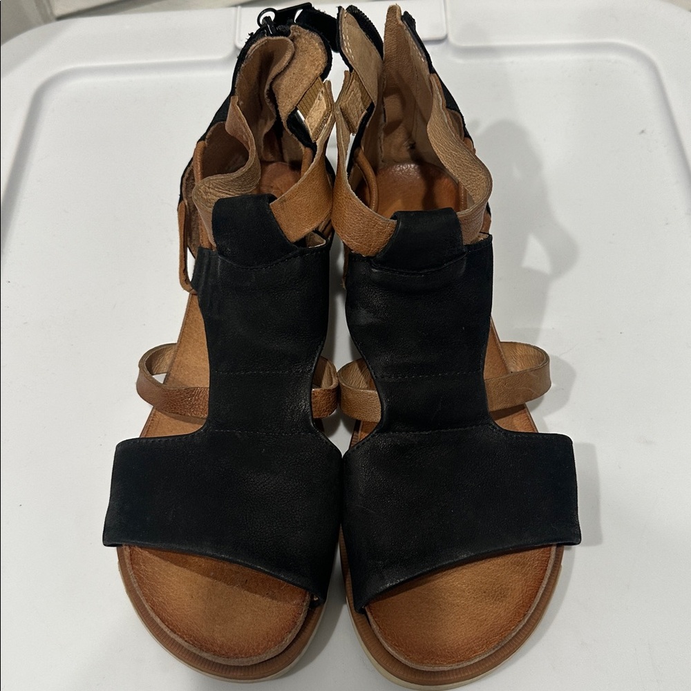 Miz Mooz Black and Tan Strappy Leather Sandals
